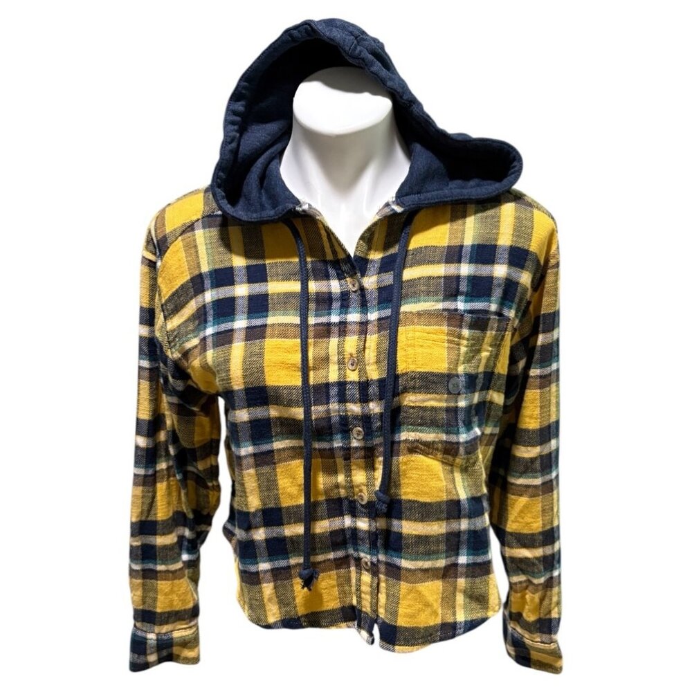 American Eagle AE Cropped Flannel Hooded Shirt Top XS Mustard Yellow Blue Brown